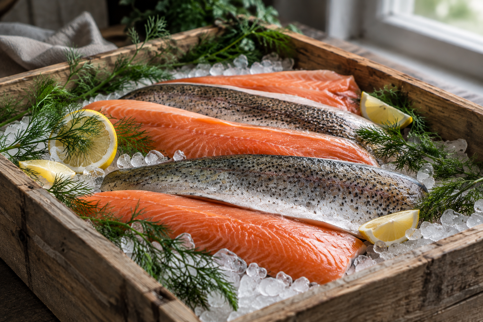 Frische Fischfilets auf Eis mit Zitrone und Dill