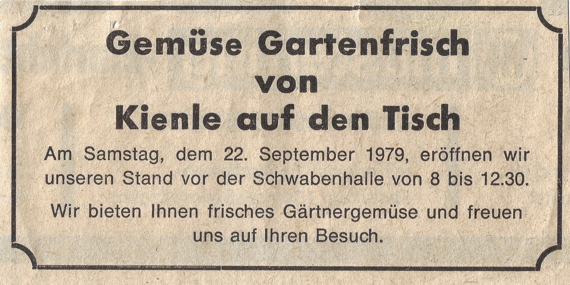 Zeitungsanzeige: Gemüse Gartenfrisch von Kienle auf den Tisch, 22. September 1979
