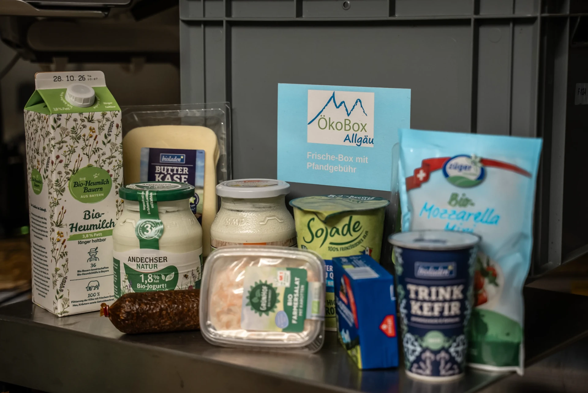 Milch, Käse, Mozzarella und Kefir vor der Frische-Box
